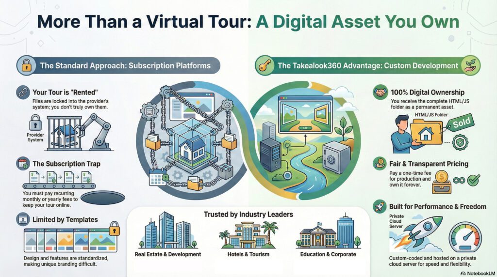 Infographic อธิบายข้อดีของการใช้บริการ takealook360 ซึ่งให้สิทธิ์ความเป็นเจ้าของ พร้อมบริการ Virtual Tour Server คุณภาพสูง