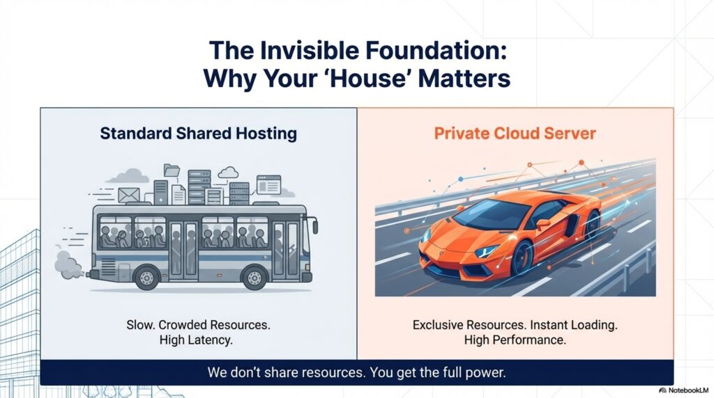 Infographic อธิบายความแตกต่างระหว่าง Shared Server ทั่วไปกับ Private Server ที่ทาง takealook360 ให้บริการ
